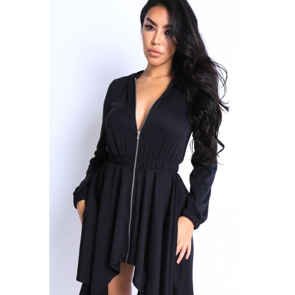 Women's Long Sleeves Hooded Drape Dress Full Zipper Dress Jacket Dress - Picture 5 of 11